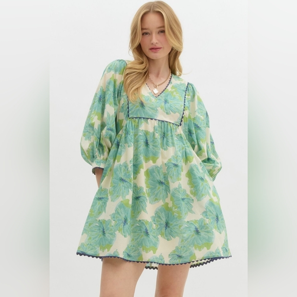 Anthropologie Entro Green White Floral Babydoll Dress Sz M Coastal Cowgirl Chic - Picture 2 of 15